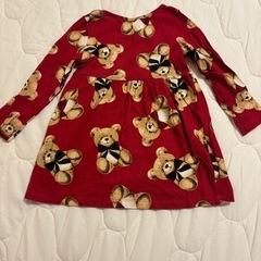 H&M テディベア柄 赤 長袖ワンピース 90の画像