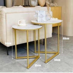 大理石天板×ゴールド脚 サイドテーブル 2個セット センターテーブル 丸テーブルの画像