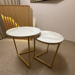 大理石天板×ゴールド脚 サイドテーブル 2個セット センターテーブル 丸テーブルの画像