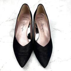 【美品】銀座かねまつ 晴雨兼用 ラメ ポインテッドトゥ Ｖカット 黒 22.5の画像