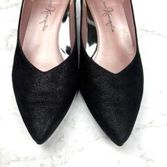 【美品】銀座かねまつ 晴雨兼用 ラメ ポインテッドトゥ Ｖカット 黒 22.5の画像