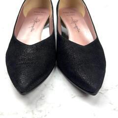 【美品】銀座かねまつ 晴雨兼用 ラメ ポインテッドトゥ Ｖカット 黒 22.5の画像