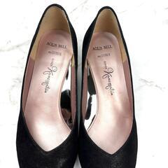 【美品】銀座かねまつ 晴雨兼用 ラメ ポインテッドトゥ Ｖカット 黒 22.5の画像