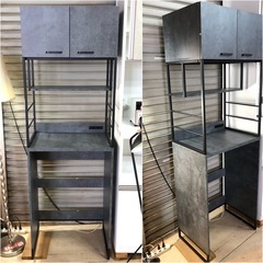 レンジラック キッチン収納 レンジボード 石調 グレー おしゃれ オシャレ お洒落 扉 ゴミ箱収納の画像