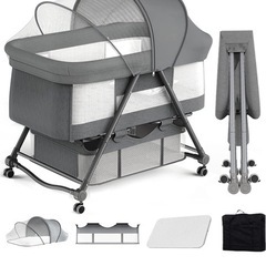 UBRAVOO ベビーベッド ゆりかご ベビーラック 折りたたみ 組み立て不要 収納便利 キャスタ付き 通気 洗濯便利 蚊帳付き・収納袋・マット 新生児ベッド0ヶ月~ (灰色)の画像