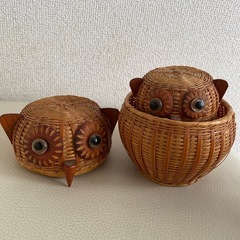 フクロウ型　竹細工　置物　小物入れの画像