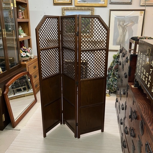 中古品　秋山木工　3連パーテーション　組子細工　カントリー調　公田店