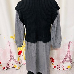grove グローブ ニットベスト×シャツワンピース セット風 L 黒 ストライプ 
の画像