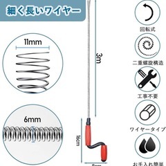 パイプクリーナー ワイヤー パイプブラシ 二重螺旋構造 自由に曲がる 回転 3mの画像