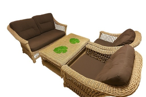 ラタン調ソファ＆テーブル 3点セット（屋内外兼用）