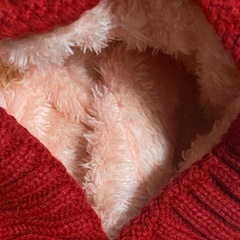 海外製品　ぽんぽん耳付きニット帽/フルフェイス　襟付き　レッド　くま耳の画像