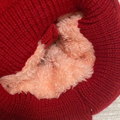海外製品　ぽんぽん耳付きニット帽/フルフェイス　襟付き　レッド　くま耳の画像