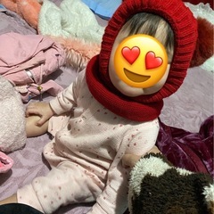 海外製品　ぽんぽん耳付きニット帽/フルフェイス　襟付き　レッド　くま耳の画像