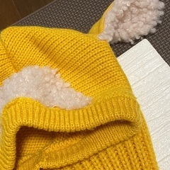 ■無料■ベビー　子供　耳付き黄色ニット帽/ひつじさん　マフラー　防寒具　ふわふわ　フードの画像