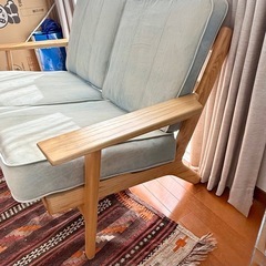 （取引中）2人掛けソファ 木製フレーム×デニム調ファブリックの画像