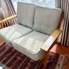 （取引中）2人掛けソファ 木製フレーム×デニム調ファブリックの画像