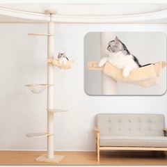 6段タイプ キャットタワー 突っ張り 木製 改良版 シニア スリム 爪とぎ 滑り止めマット付き クリアボウル 木登り シンプル キャットツリー 大型猫 中型 おしゃれ 省スベース 宇宙船 爪とぎ 多頭飼い 賃貸 安定 203~268cm 天然麻 コットン紐の画像