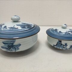 有田焼 蓋付き碗 2客セット 染付 山水文 箱付き 和食器  煮物碗 茶碗蒸し　深鉢 新品未使用 インテリア 251104-5Aの画像