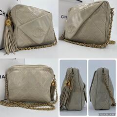 美品 シャネル フリンジ付き ゴールド チェーン ショルダーバッグ マトラッセ ココマーク アイボリー ベージュ タッセルの画像