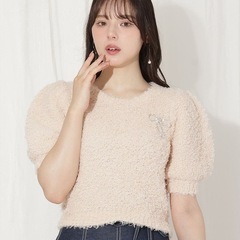 リボンブローチ付きテディヤーンニット