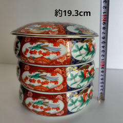 前畑陶器　庫山窯　三段重箱　蓋付き重ね鉢　古伊万里紋　金彩　未使用　柘榴　鳳凰の画像