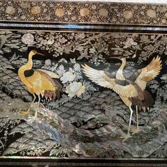 【高級螺鈿細工座卓】鶴と松の図／ガラステーブル付／美品の画像