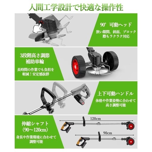 【新品未使用】充電式草刈り機 1880W　2000mAh×2大容量 補助車輪付き