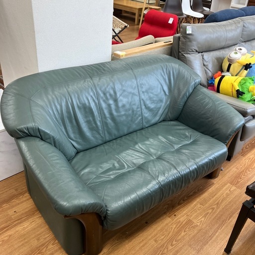 2人掛けソファー 角スレ有り 程度B グリーン×ブラウン【取りに来れる方限定】