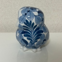【陶器製】フクロウ置物 染付風 ブルーリーフ模様 北欧風 インテリアの画像