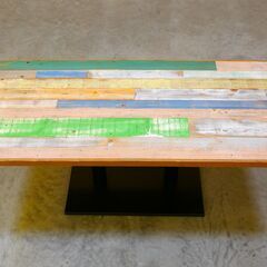 ≪zyt2532ジ限≫『複数在庫』業務用カフェテーブル/LDテーブル 古材テーブル 幅150cm 奥行75cm 高さ60cm 低め マルチカラー ヴィンテージ風/おしゃれ/ミックスカラー/レストラン/飲食店/店舗/中古家具/宮城県仙台市 71023-06の画像