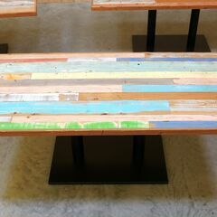 ≪zyt2532ジ限≫『複数在庫』業務用カフェテーブル/LDテーブル 古材テーブル 幅150cm 奥行75cm 高さ60cm 低め マルチカラー ヴィンテージ風/おしゃれ/ミックスカラー/レストラン/飲食店/店舗/中古家具/宮城県仙台市 71023-06の画像