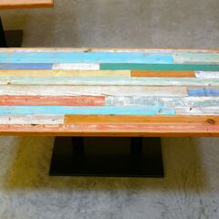 ≪zyt2532ジ限≫『複数在庫』業務用カフェテーブル/LDテーブル 古材テーブル 幅150cm 奥行75cm 高さ60cm 低め マルチカラー ヴィンテージ風/おしゃれ/ミックスカラー/レストラン/飲食店/店舗/中古家具/宮城県仙台市 71023-06の画像