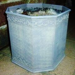 ガクアジサイ（お花の彫刻入り素焼き鉢入り）お洒落な素焼き鉢の大、中、金属製の鉢、1/2サイズのコンクリートブロック、屋外使用可能タイマーおまけ可能の画像