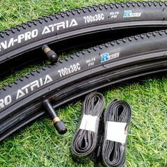   加古川　ソトのマ　中古タイヤ・チューブ・リムバンド前後セット　米式バルブ　サイズ：700✕38cの画像