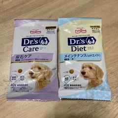 ① Dr’s Care（ドクターズケア）尿石ケア 40g／② Dr’s Diet（ドクターズダイエット）メンテナンス（パピー＆アダルト）40／③ ブレスケアおやつ（プロバイオティクス入り）／④ Medycoat ADVANCE（メディコート アドバンス）パウチ大袋の画像