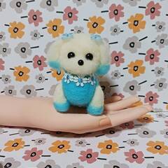 羊毛フェルトのスカイ色の服を着た可愛いマルチーズ 　餌付きの画像