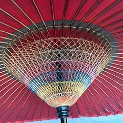 昔の大きな飾り傘　朱色　古風　茶屋傘の画像