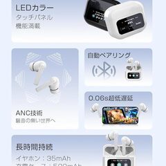 Bluetooth5.4 完全ワイヤレスイヤホン タッチディスプレイ付き 液晶搭載ケース ANC エントサウンド マイク内蔵 HiFi ハンズフリー通話 左右分離型 タッチ操作 自動ペアリング iOS Android に対応 日本語説明書付き(ホワイト)の画像