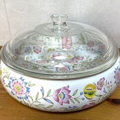 【S256】未使用/EJIRY/エジリー/ルピナス/プリティボール/ガラスフタ付/直径約24.5cm/箱付き/ホーロー/花柄/昭和レトロ/長期保管品の画像