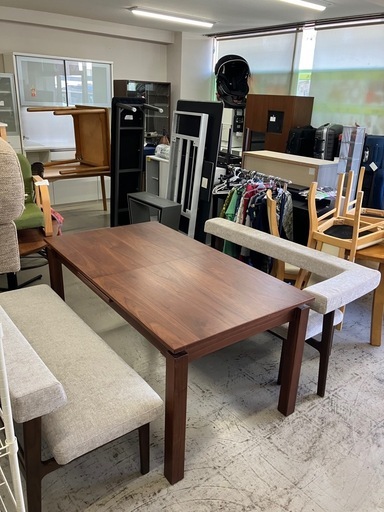 石2511-108 （株）シギヤマ家具工業 ダイニングテーブル＆ベンチセット ※バラ売り不可 テーブル幅調節可 中古