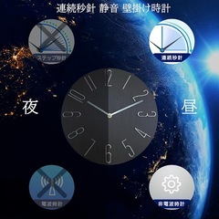 壁掛け時計 大文字盤 静音 連続秒針 ガラスカバー付き 30cm 黒の画像