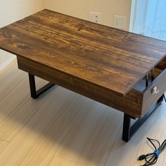 収納、コンセント付昇降式ローテーブルアンティーク木目、収納たっぷり
の画像