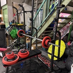 トレーニングセット ベンチプレス バーベル ベンチパワースタンド バーベルプレート全てホームジム 筋トレ 筋肉の画像