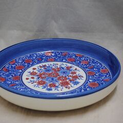 [1679J] 四日市 ばんこ焼 お料理器揃 大皿 陶器 ２枚セット 赤 青 花模様の画像
