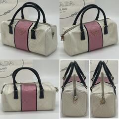 PRADA プラダ ハンドバッグ トートバッグ ミニボストン 三角ロゴプレート パンチング ゴールド金具  レザー 革 ホワイト ピンク 白 白タグの画像