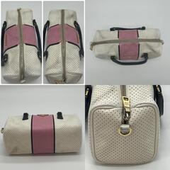 PRADA プラダ ハンドバッグ トートバッグ ミニボストン 三角ロゴプレート パンチング ゴールド金具  レザー 革 ホワイト ピンク 白 白タグの画像