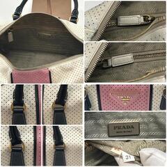 PRADA プラダ ハンドバッグ トートバッグ ミニボストン 三角ロゴプレート パンチング ゴールド金具  レザー 革 ホワイト ピンク 白 白タグの画像