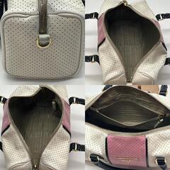 PRADA プラダ ハンドバッグ トートバッグ ミニボストン 三角ロゴプレート パンチング ゴールド金具  レザー 革 ホワイト ピンク 白 白タグの画像