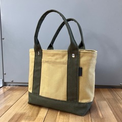 【ハンドメイド】帆布トートバッグ ベージュ×ダークカーキの画像