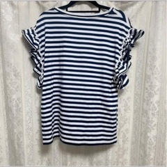 INGNIボーダー フリルスリーブ Tシャツ カットソー ネイビー ホワイトの画像